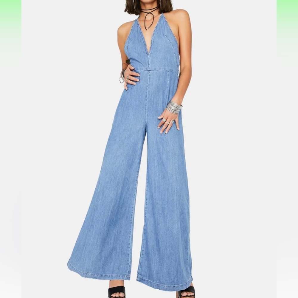 Free People Josie Halter Denim Wide Leg Jumpsuit in Size XS, never worn